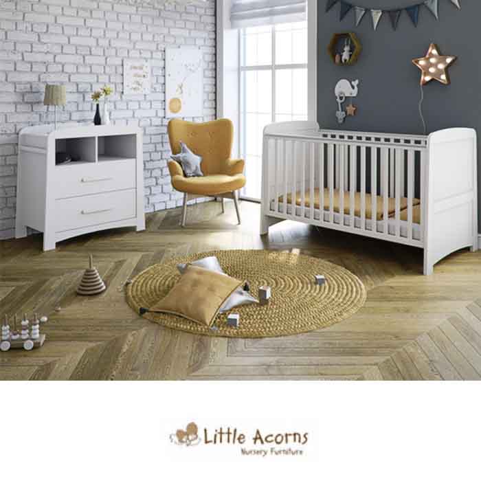 Mothercare Little Acorns Somerton Cot Bed 3 Piece Nursery Furniture Set with Deluxe Foam Mattress - White