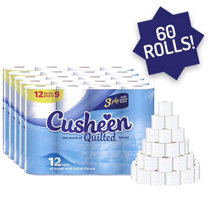 60-Pack of Cusheen White Toilet Rolls - Quilted or Aloe Vera