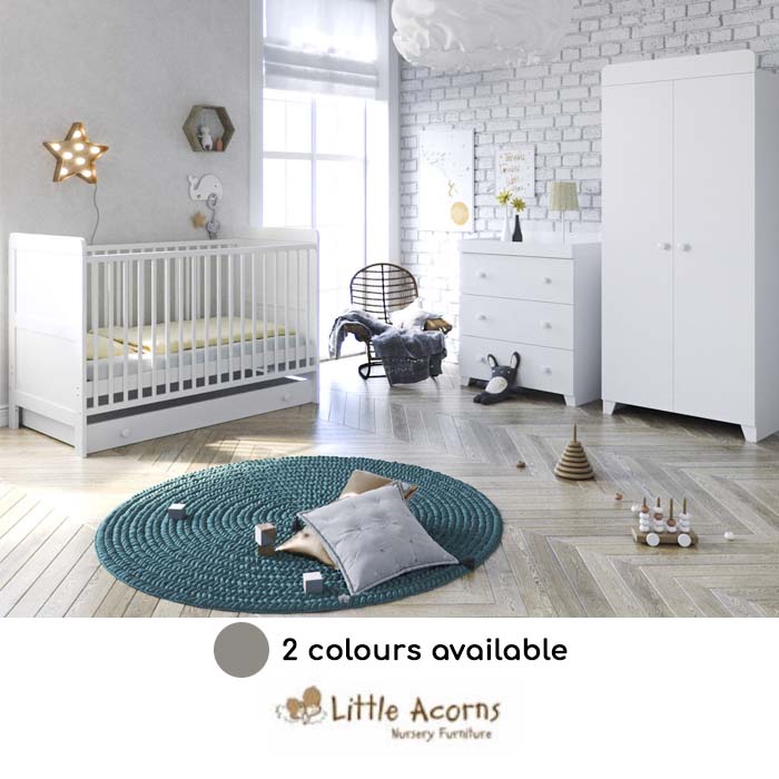 Little Acorns Classic Milano Cot Bed 6 Piece Nursery Furniture Set with Deluxe Foam Mattress
