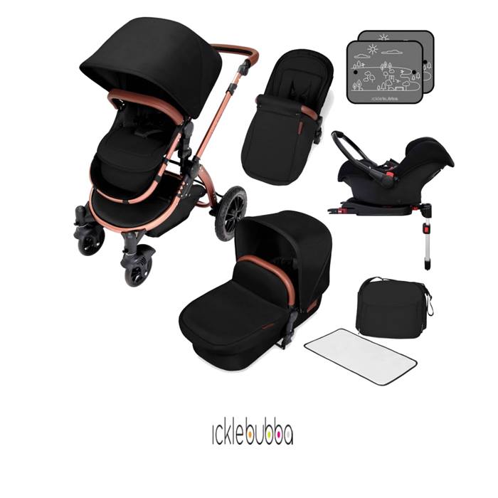 Ickle Bubba Stomp V4 Bronze Frame Travel System With Galaxy Carseat & Isofix Base - Midnight Bronze