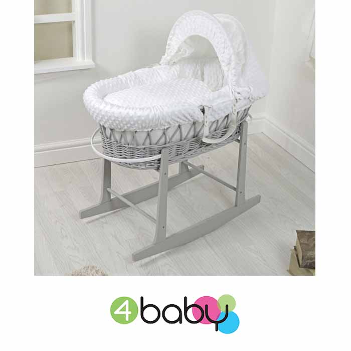 4Baby Padded Grey Wicker Moses Basket Rocking Stand White Dimple