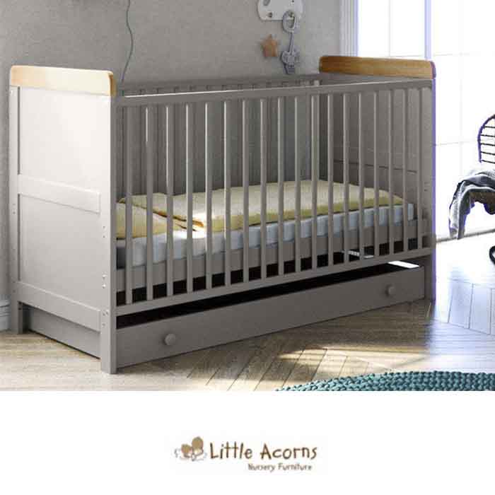 Little Acorns Classic Milano Cot Bed with Deluxe Foam Mattress - Grey and Oak