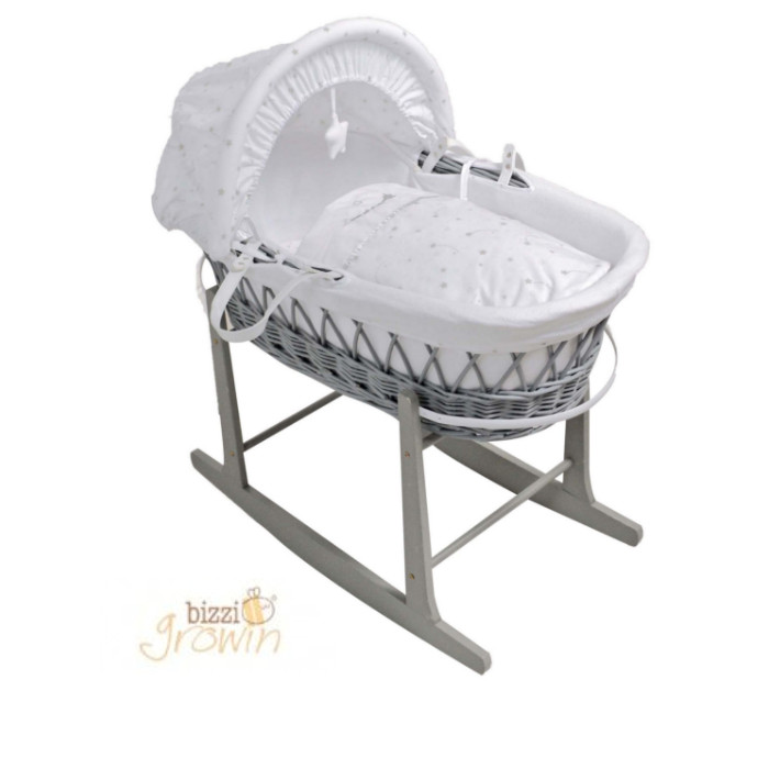 Bizzi Growin Designer Luxury Padded Grey Wicker Baby Moses Basket