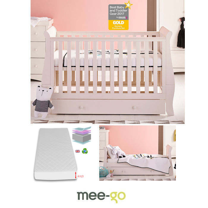 MeeGo Oslo Cot Bed With Drawer  Foam  Mattress  Ivory White