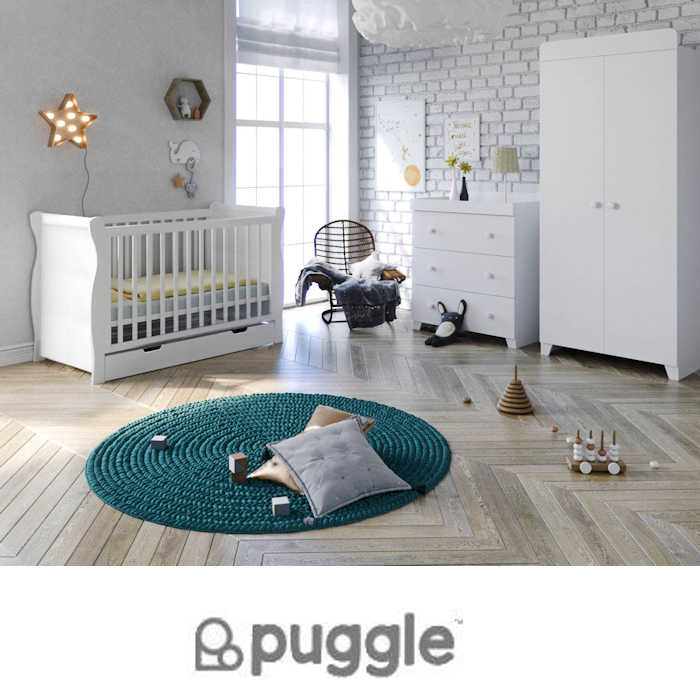 Puggle Little Acorns Sleigh Cot 6 Piece Nursery Furniture Set With Deluxe 4inch Foam Mattress - White