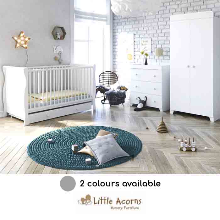 Little Acorns Sleigh Cot Bed 5 Piece Nursery Furniture Set With Deluxe 4inch Foam Mattress