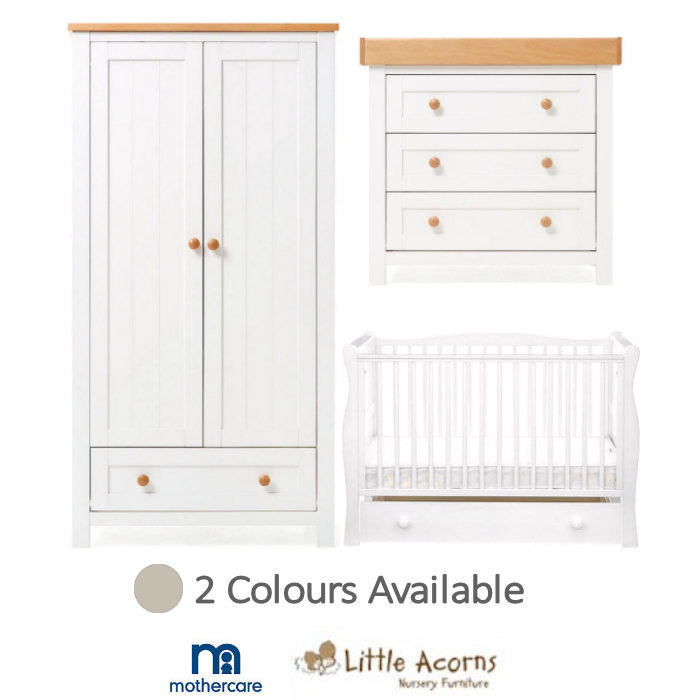 Mothercare Little Acorns Sleigh Cot Bed & Drawer 6 Piece Nursery Furniture Set With Deluxe 4inch Foam Mattress