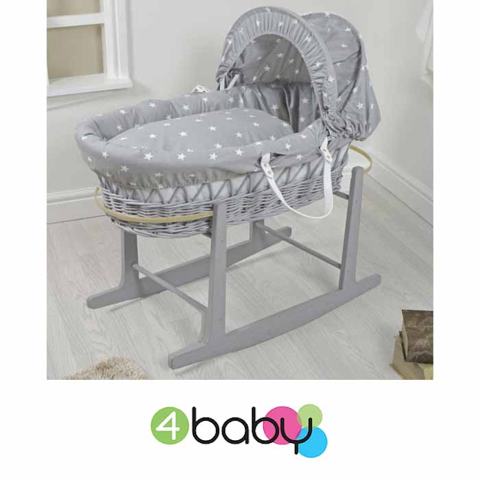 4Baby Padded Grey Wicker Baby Moses Basket Rocking Stand Grey White Stars