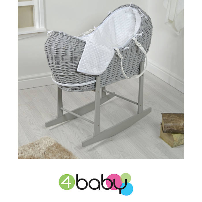 4baby Grey Wicker Snooze Pod Moses Basket & Rocking Stand