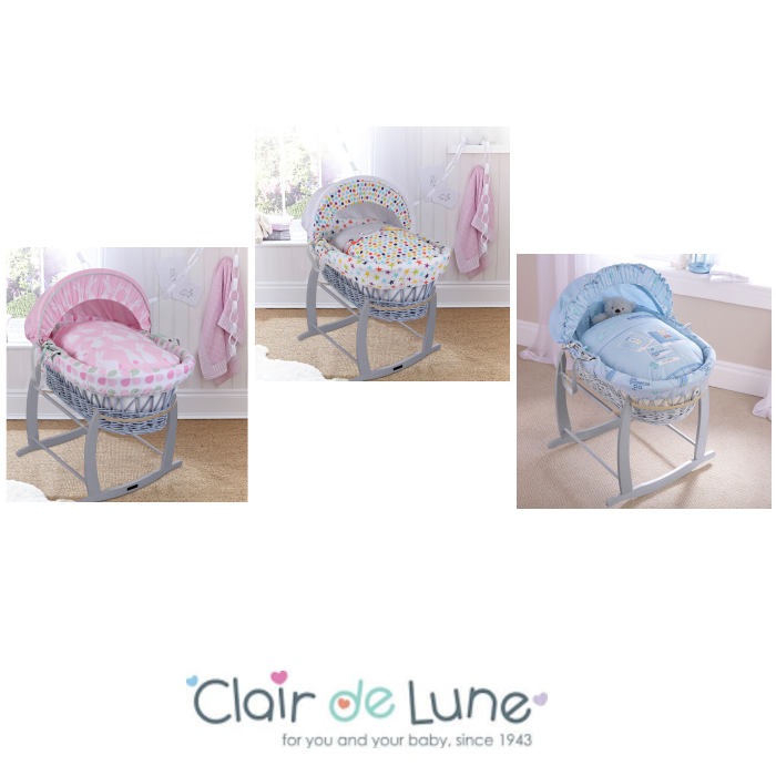Clair De Lune Padded Grey Wicker Baby Moses Basket Deluxe Rocking Stand