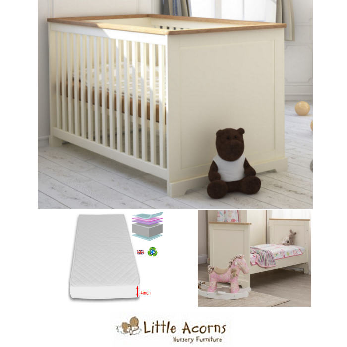 Little Acorns Ava Cot Bed Deluxe Foam Mattress Ivory Oak