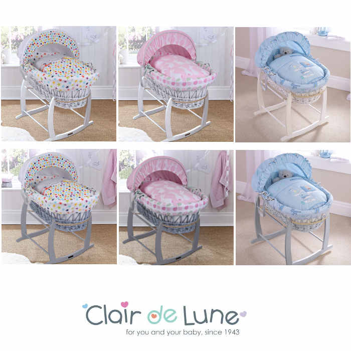 Clair De Lune Padded White Wicker Baby Moses Basket & Deluxe Rocking Stand