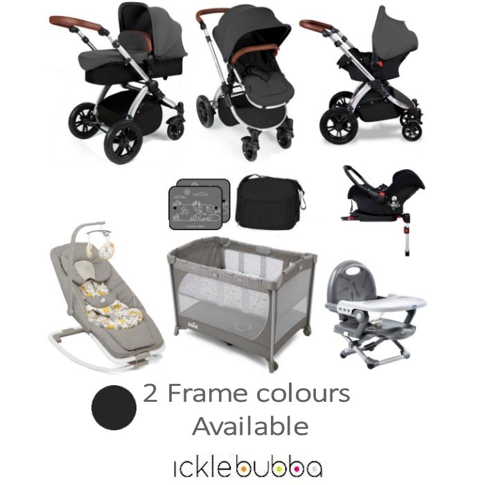 Ickle Bubba / Joie Stomp V3 Silver Everything You Need Travel System Bundle (With Base)