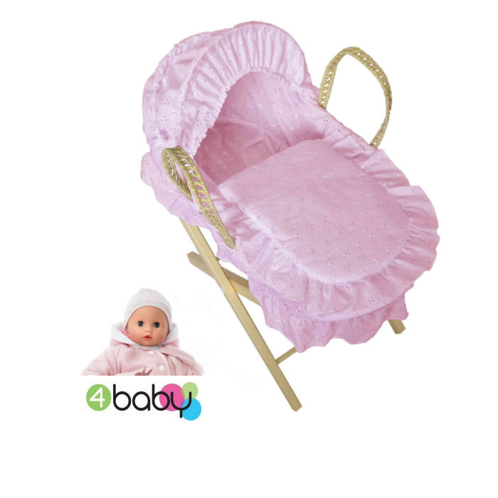4Baby Luxury Dolls Broderie Anglaise Moses Basket  Pine Stand  Pink
