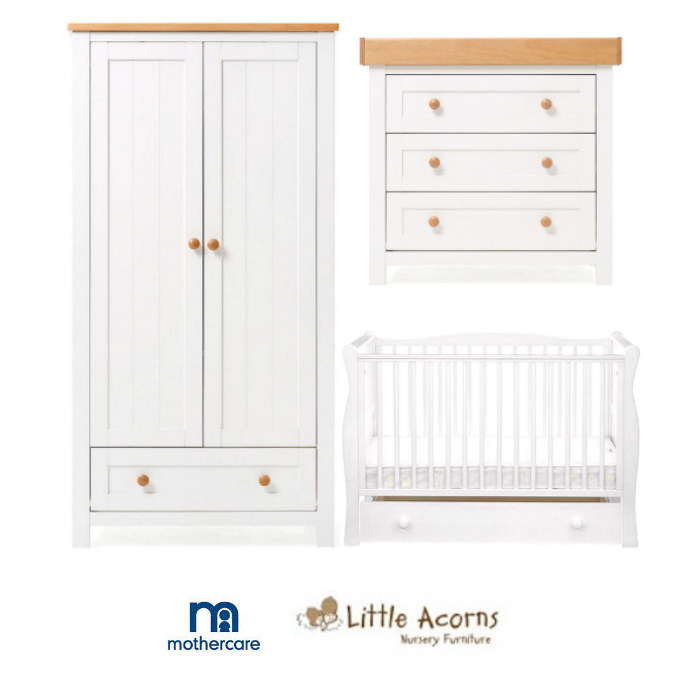 Mothercare Little Acorns Sleigh Cot Bed & Drawer 6 Piece Nursery Furniture Set With Deluxe 4inch Foam Mattress - White
