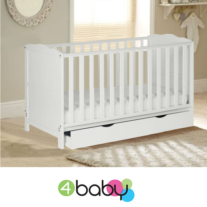 4Baby Classic Cot Bed With Drawer & Deluxe Foam Mattress - White