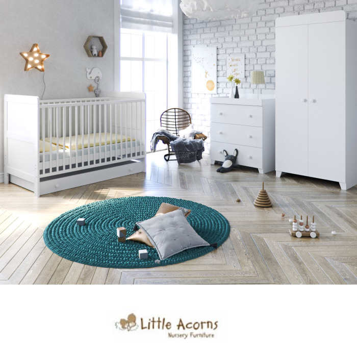 Little Acorns Classic Cot 5 Piece Nursery Room Set with Deluxe Foam Mattress - White