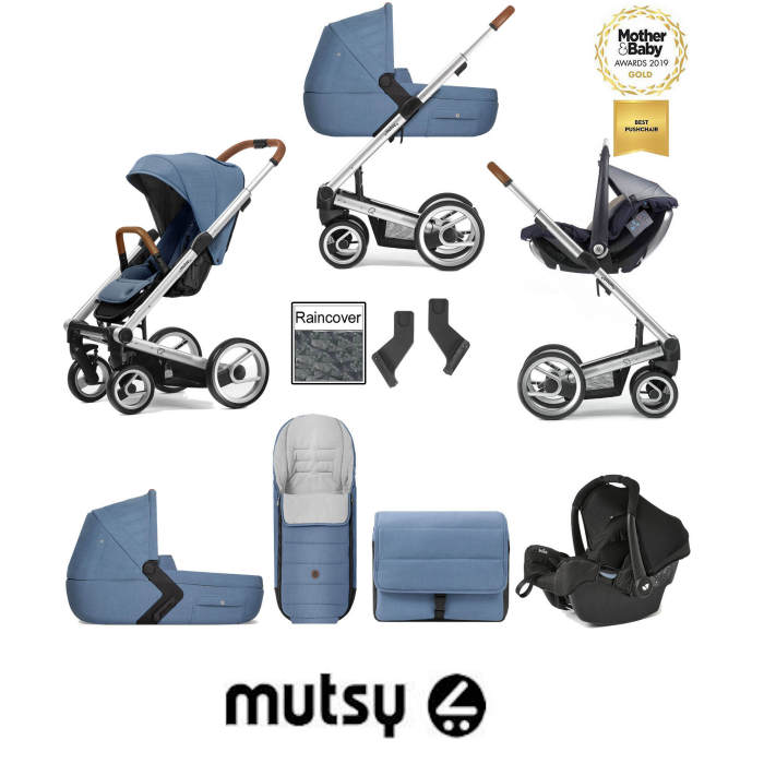 Mutsy I2 Heritage (Silver Chassis) Travel System (Gemm) With Carrycot & Accessories - Heritage Blue