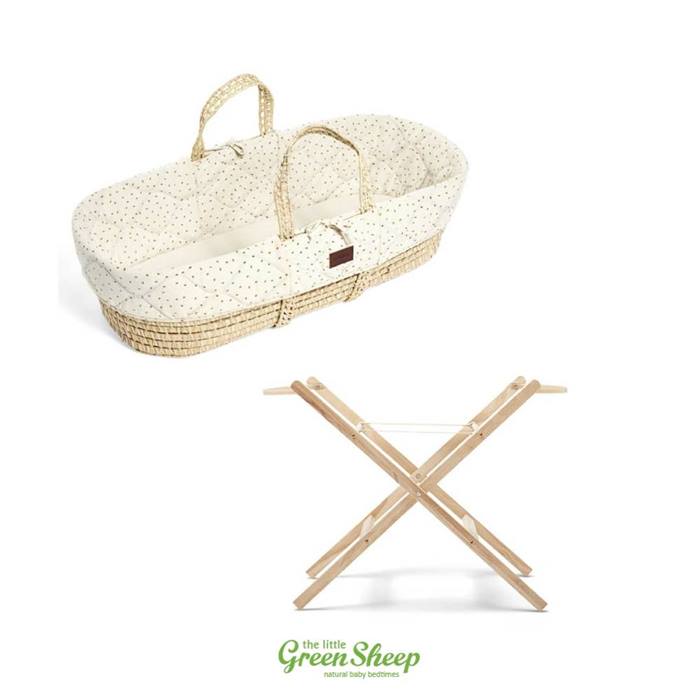 The Little Green Sheep Natural Quilted Moses Basket & Stand Bundle - Printed Linen