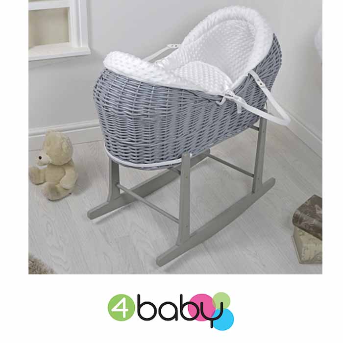 4baby Grey Wicker Deluxe Rollover Snooze Pod Moses Basket & Rocking Stand