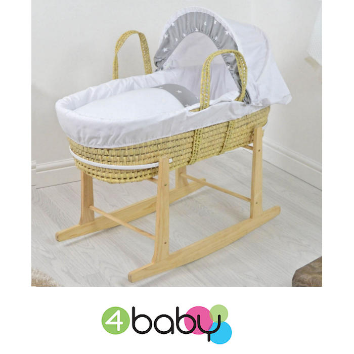 4baby Deluxe Palm Moses Basket & Rocking Stand - White / Grey White Stars