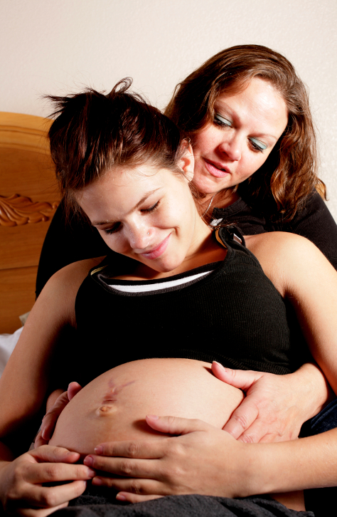 Woman in labour with birth partner