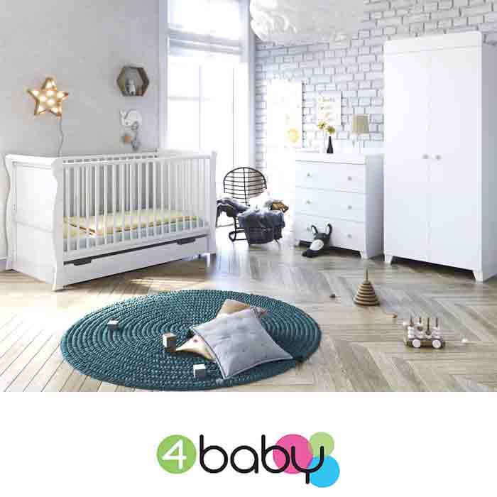 4Baby Little Acorns Sleigh Cot Bed 5 Piece Nursery Furniture Set With Deluxe 4inch Foam Mattress