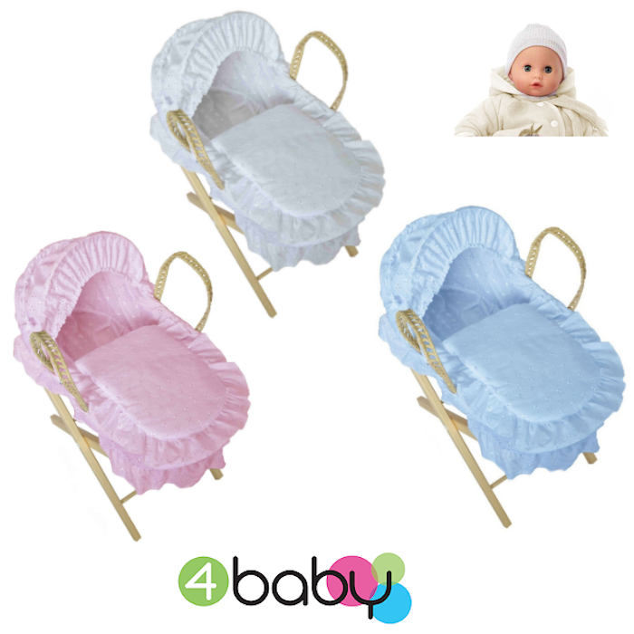 4Baby Luxury Dolls Broderie Anglaise Moses Basket & Pine Stand
