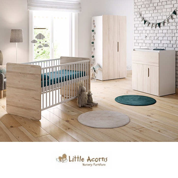 Little Acorns Oxford Cot Bed 5 Piece Nursery Room Set With Deluxe 4inch Foam Mattress