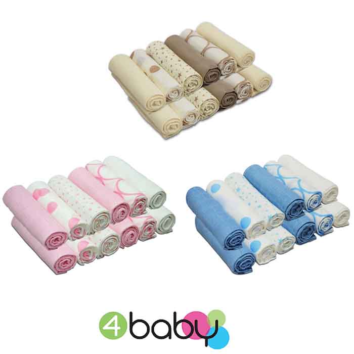 4baby Cotton Muslin Squares (12 Pack) Mixed Designs