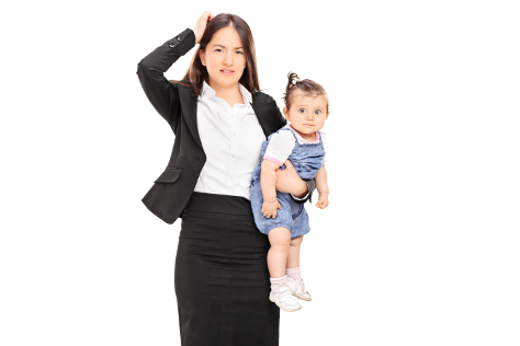 Mum in suit holding baby