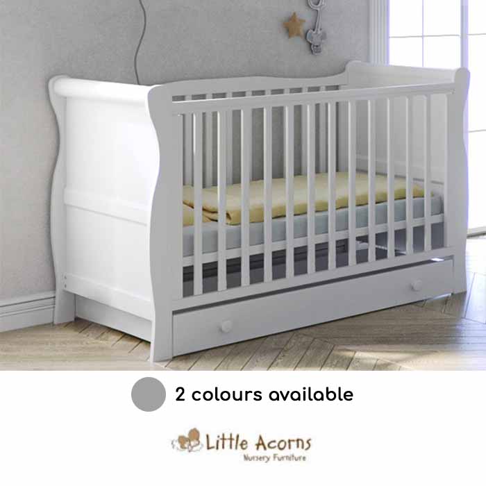 Little Acorns Sleigh Cot With Deluxe Foam Mattress Drawer White