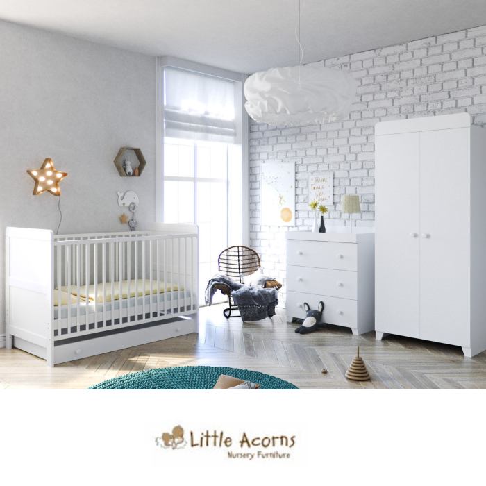 Little Acorns Classic Milano Cot Bed 5 Piece Nursery Furniture Set with Deluxe Foam Mattress - White