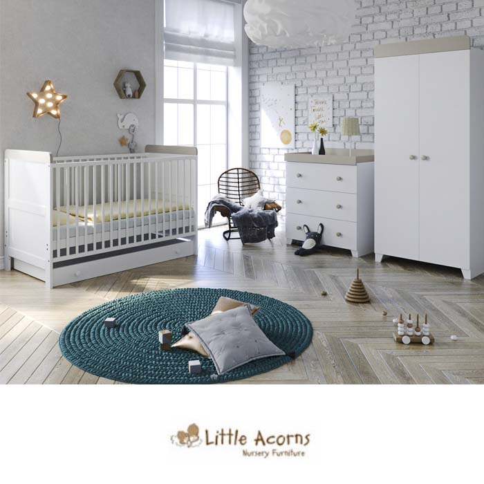 Little Acorns Classic Milano Cot Bed 6 Piece Nursery Furniture Set with Deluxe Foam Mattress - White Grey