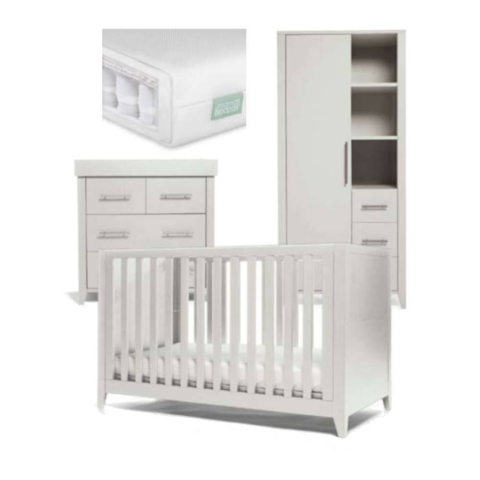 Mamas & Papas Melfi 3pc Cot Bed & Storage Wardrobe Furniture & Premium Mattress Bundle (Cool Grey)