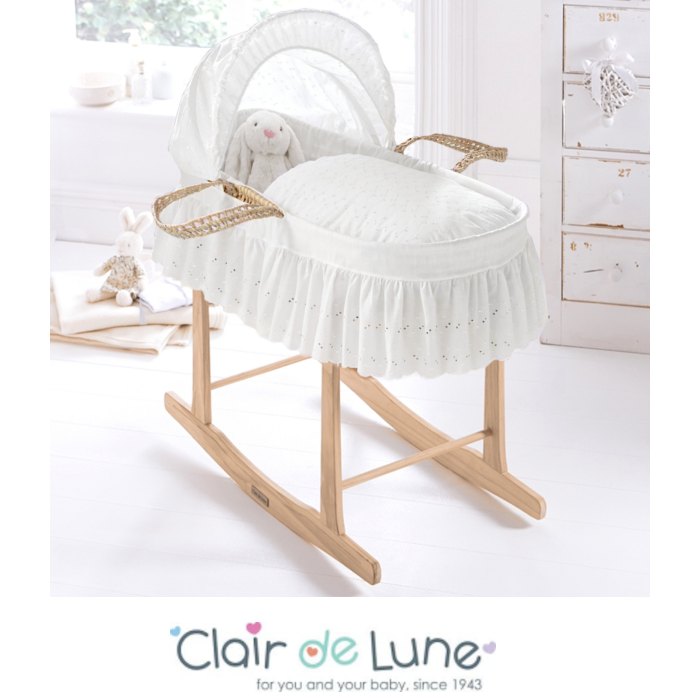 Clair De Lune Palm Baby Moses Basket and Rocking Stand - Broderie Anglaise White