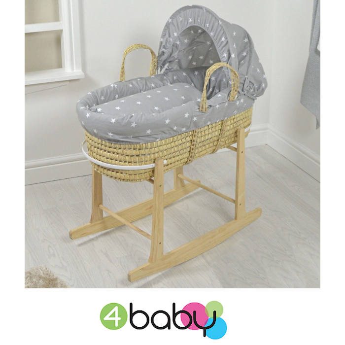 4baby Deluxe Palm Moses Basket & Rocking Stand - Grey / White Stars