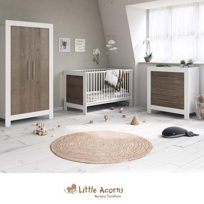 Little Acorns Luxury Portland Cot Bed 5 Piece Nursery Furniture Set With Deluxe 4inch Foam Mattress - White/Grey Oak