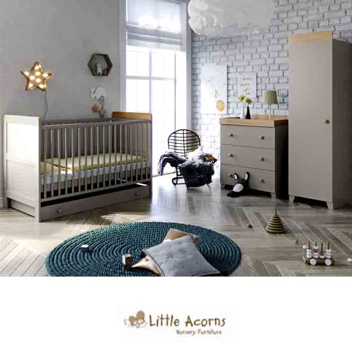 Little Acorns Classic Milano Cot Bed 5 Piece Nursery Furniture Set With Deluxe Foam Mattress Grey Oak