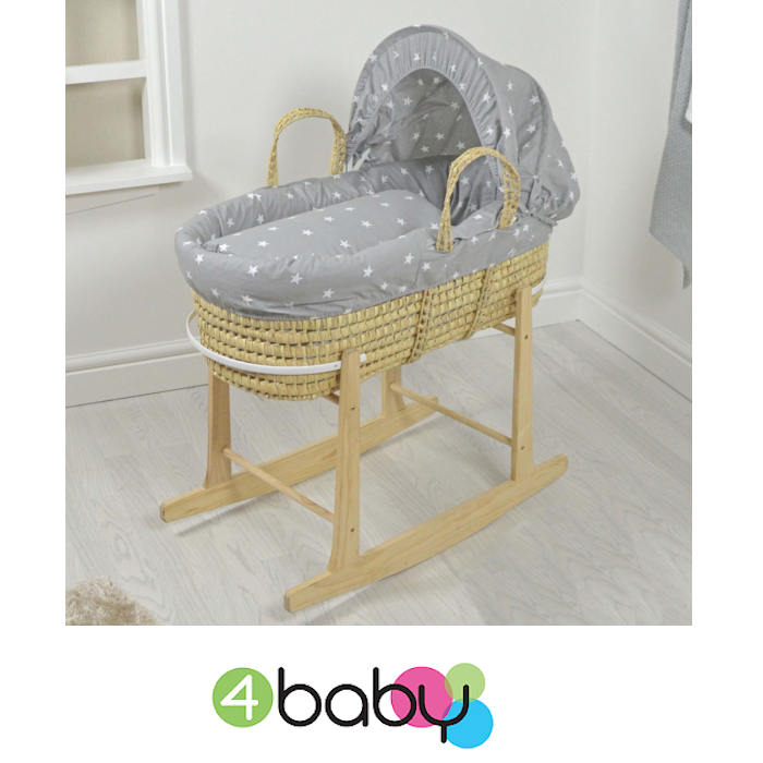 4baby Deluxe Palm Moses Basket & Rocking Stand - Grey - White Stars