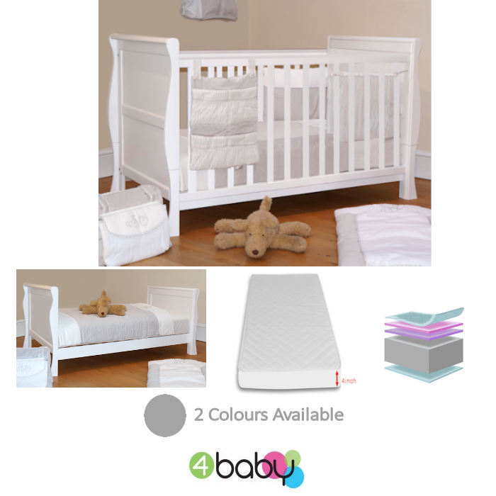 4Baby 3 in 1 Sleigh Cot Bed With Deluxe Foam Mattress - White
