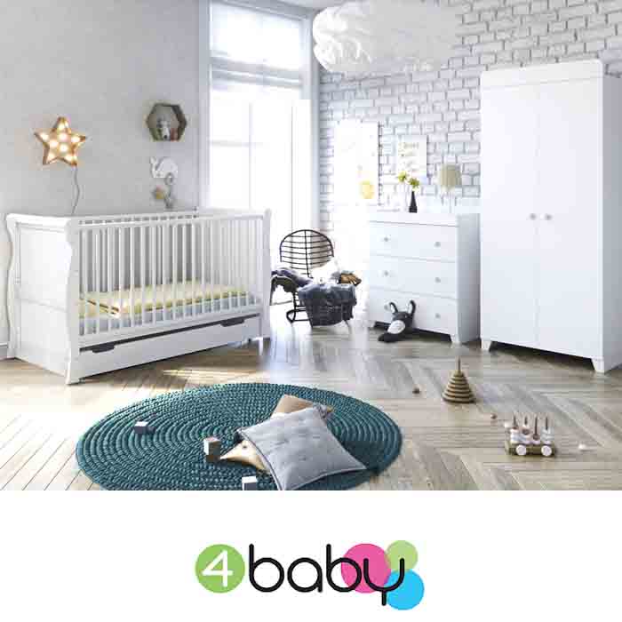 4Baby Little Acorns Sleigh Cot Bed 5 Piece Nursery Furniture Set With Deluxe 4inch Foam Mattress