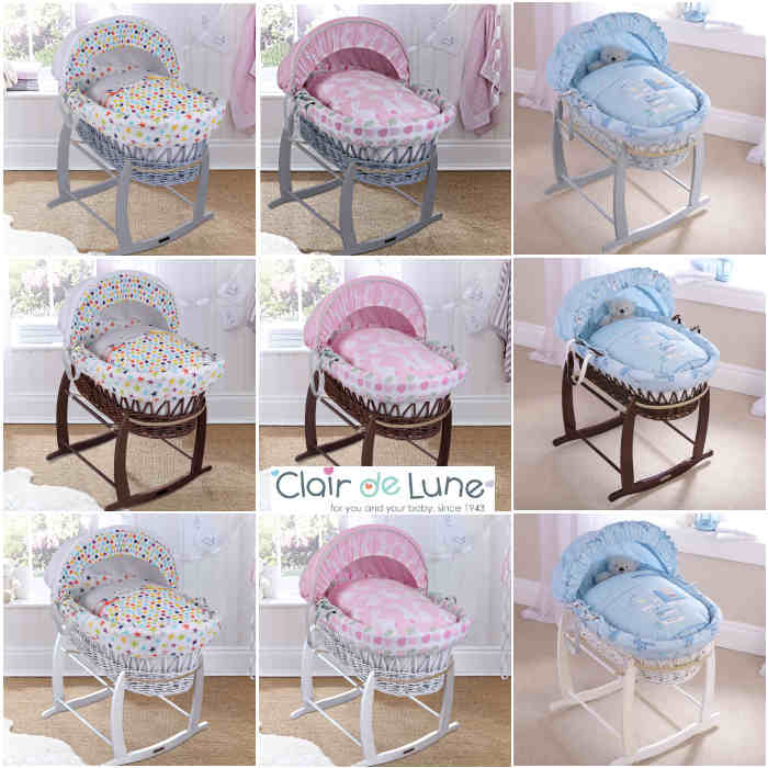 Clair De Lune Padded White Wicker Baby Moses Basket Deluxe Rocking Stand
