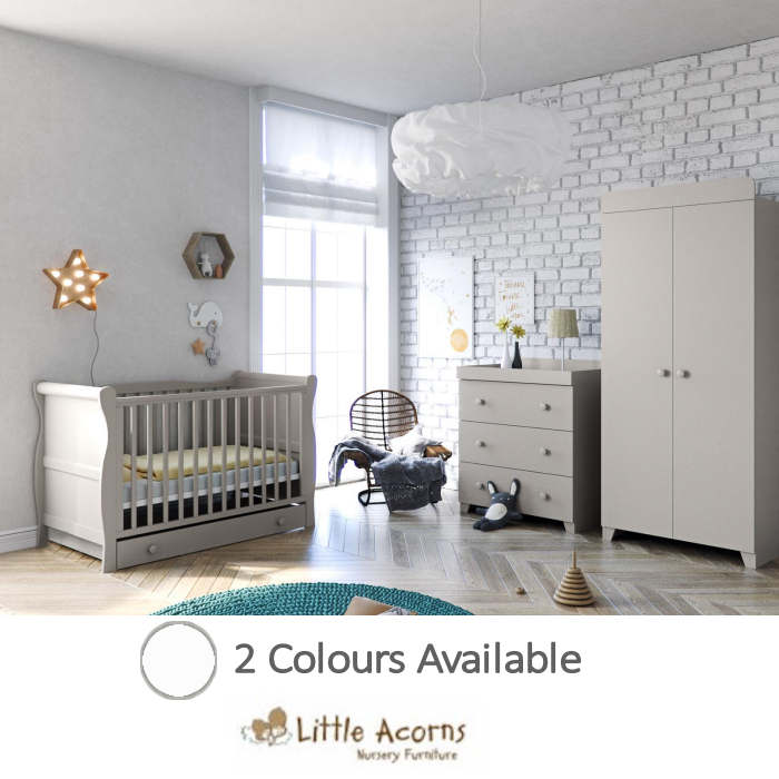 Little Acorns Sleigh Cot 6 Piece Nursery Room Set With Deluxe 4inch Foam Mattress